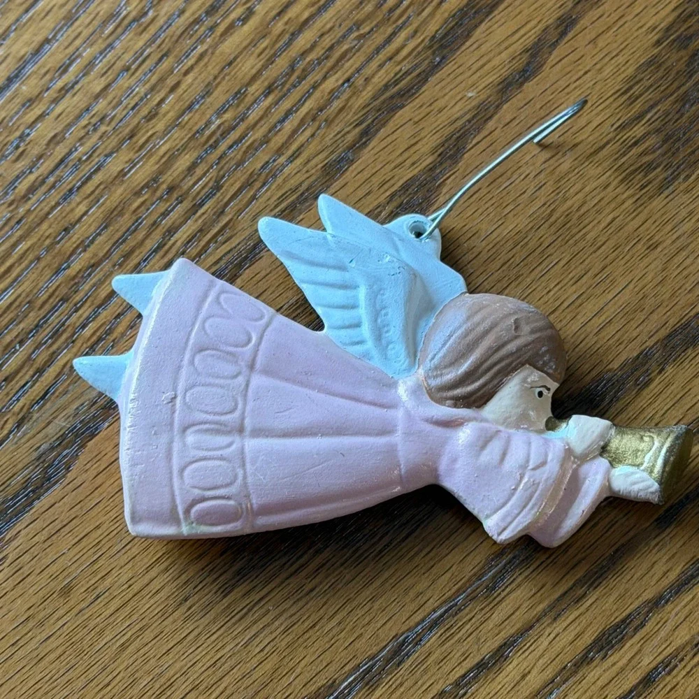 Vintage Angel Christmas Ornaments Set of 2 Pink Cream Trumpet Celestial Decor